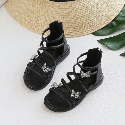 Little Girls Butterfly Crystal Cross Strap Open Toe Zipper Faux Leather Roman Sandals