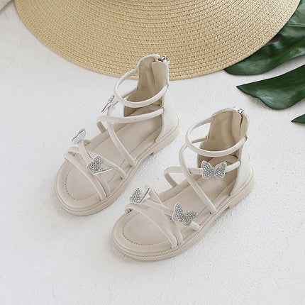Little Girls Butterfly Crystal Cross Strap Open Toe Zipper Faux Leather Roman Sandals