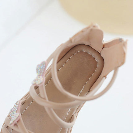 Little Girls Butterfly Crystal Cross Strap Open Toe Zipper Faux Leather Roman Sandals