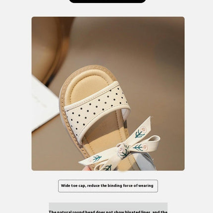 Kids Girl Sandals Flower Embroidery Bow Summer Set Flat Faux Leather Sandals