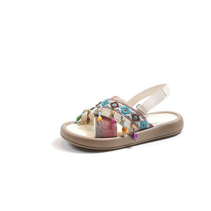Little Girls Boho Tassel Sandals Greek Stylish Sandals Open Toed Faux Leather Sandals