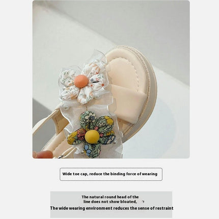 Girls Sandals Open Toe Cute Flower Flats Cross Strappy Summer Faux Leather Sandals