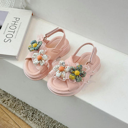Girls Sandals Open Toe Cute Flower Flats Cross Strappy Summer Faux Leather Sandals
