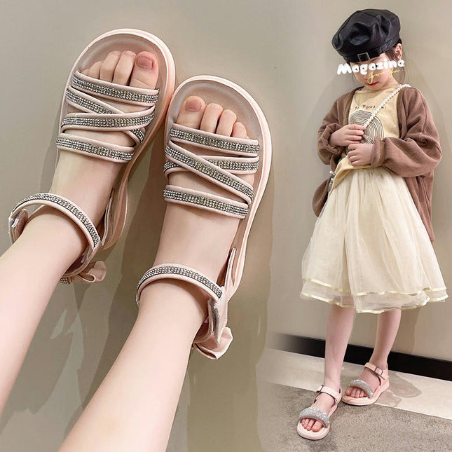 Kids Girls Sandals Fashion Rhinestone Bow Roman Faux Leather Sandals