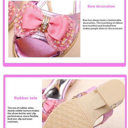Little Girls Shiny Diamond Princess Sandals Low heel Bowknot Faux Leather Sandals