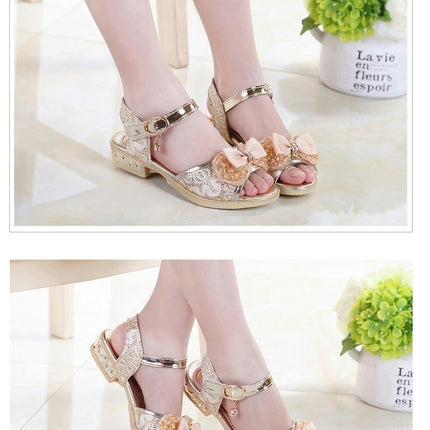 Little Girls Shiny Diamond Princess Sandals Low heel Bowknot Faux Leather Sandals