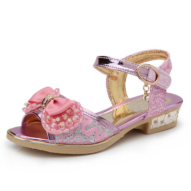 Little Girls Shiny Diamond Princess Sandals Low heel Bowknot Faux Leather Sandals