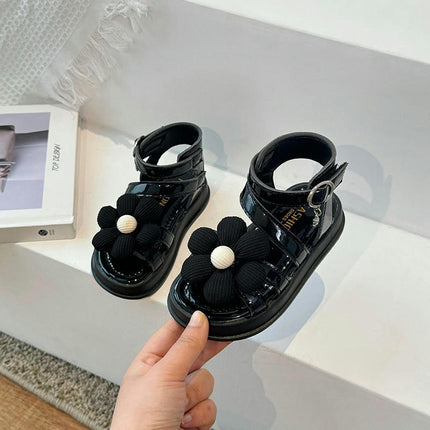 Little Girls Floral Roman Sandals Summer Flat Open Toe Ankle Faux Leather Sandals