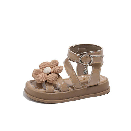 Little Girls Floral Roman Sandals Summer Flat Open Toe Ankle Faux Leather Sandals
