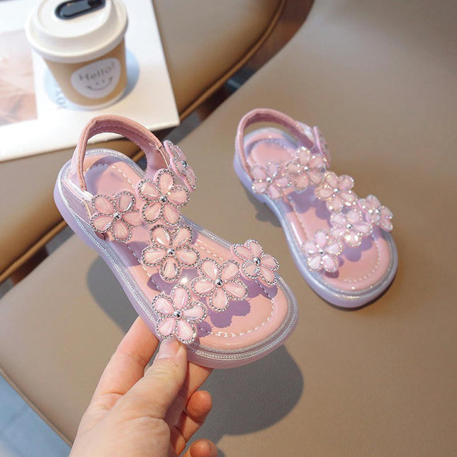 Little Girl Sandals Summer Crystal Flower Design Princess Faux Leather Sandals