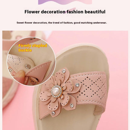 Little Girls Summer Glitter Flower Open Toe Flat Faux Leather Sandals