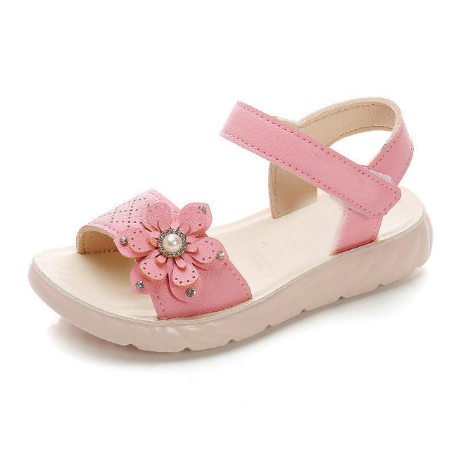 Little Girls Summer Glitter Flower Open Toe Flat Faux Leather Sandals