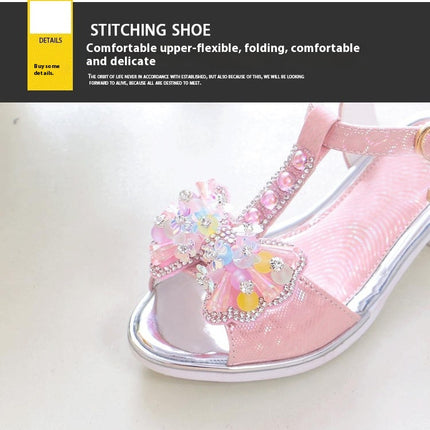 Girls Sandals Bling Crystal Butterfly Princess Peep Toe Faux Leather Sandals