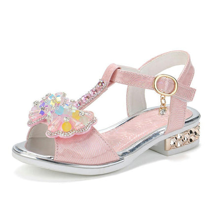 Girls Sandals Bling Crystal Butterfly Princess Peep Toe Faux Leather Sandals