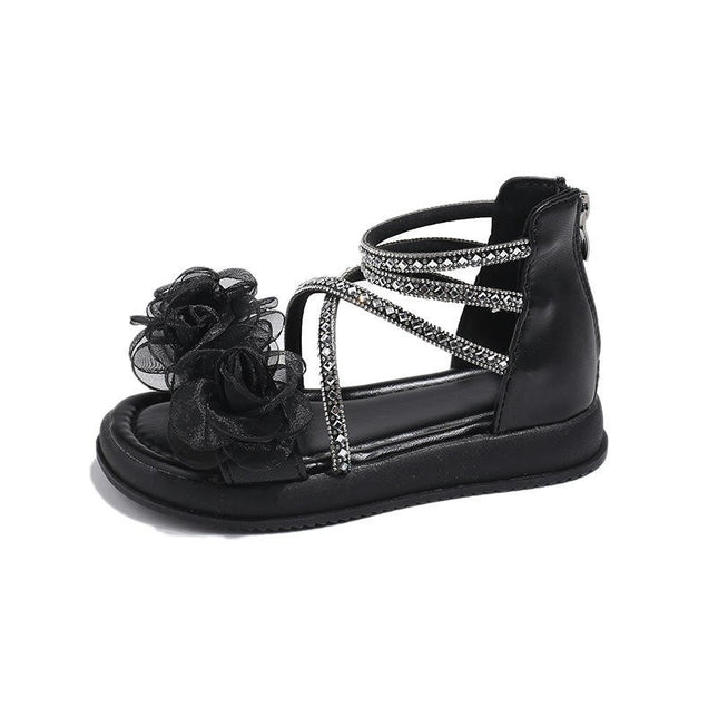 Girls Sandals with Zipper Flower Rhinestone Open Toe Faux Leather Roman Sandals