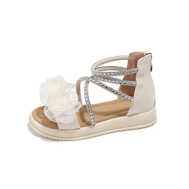 Girls Sandals with Zipper Flower Rhinestone Open Toe Faux Leather Roman Sandals