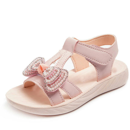 Summer Girls Open Toe Rhinestones Bow Princess Faux Leather Sandals