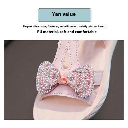 Summer Girls Open Toe Rhinestones Bow Princess Faux Leather Sandals