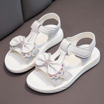 Summer Girls Open Toe Rhinestones Bow Princess Faux Leather Sandals