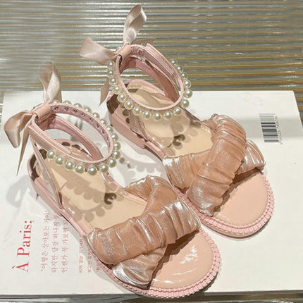 Little Girls Pearls Roman Sandals Summer Flat Open Toe Ankle Faux Leather Sandals