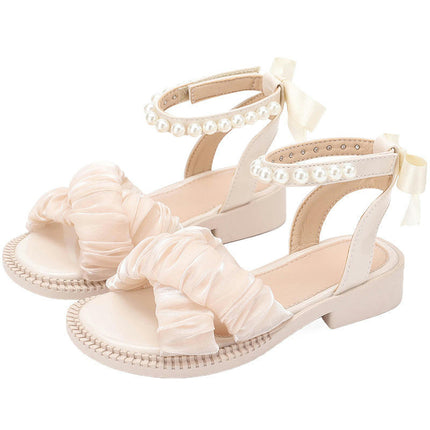 Little Girls Pearls Roman Sandals Summer Flat Open Toe Ankle Faux Leather Sandals