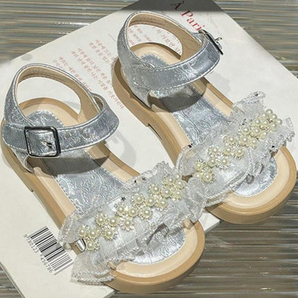 Girls Pearls Sandals Bow Tulle Round Open Toe Comfy Summer Faux Leather Sandals