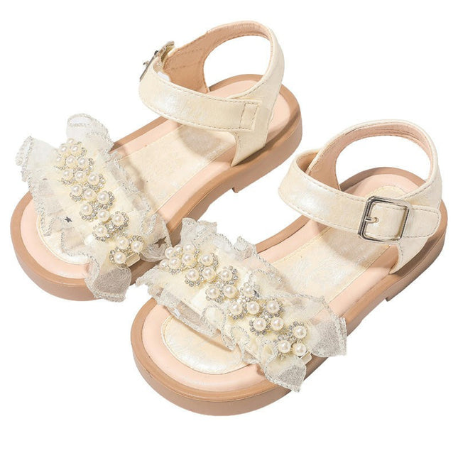 Girls Pearls Sandals Bow Tulle Round Open Toe Comfy Summer Faux Leather Sandals