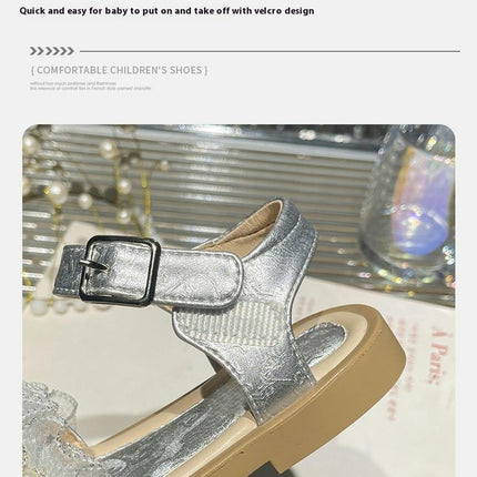 Girls Pearls Sandals Bow Tulle Round Open Toe Comfy Summer Faux Leather Sandals