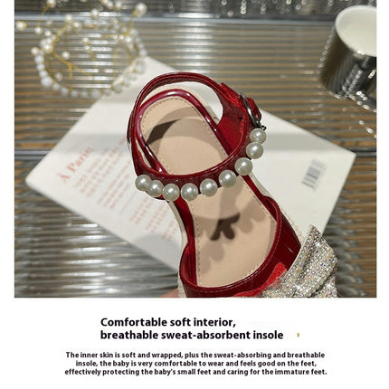 Girl Sandals Summer Rhinestone Bow Princess Faux Leather Sandals
