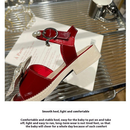 Girl Sandals Summer Rhinestone Bow Princess Faux Leather Sandals