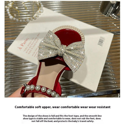 Girl Sandals Summer Rhinestone Bow Princess Faux Leather Sandals
