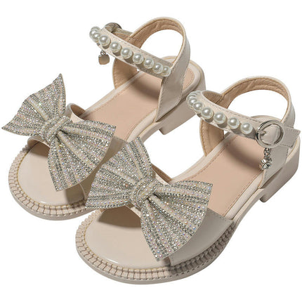 Girl Sandals Summer Rhinestone Bow Princess Faux Leather Sandals