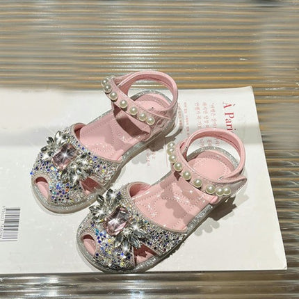 Girls Sandals Faux Leather Rhinestones Pearl Bowknot Lightweight Sandals