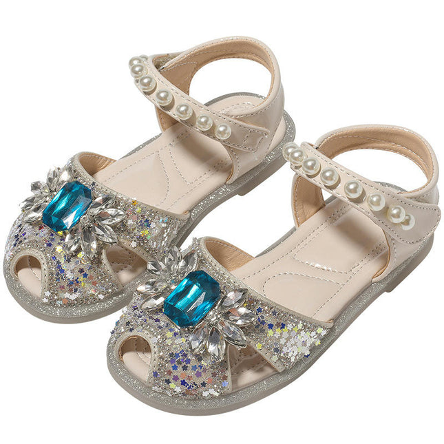 Girls Sandals Faux Leather Rhinestones Pearl Bowknot Lightweight Sandals