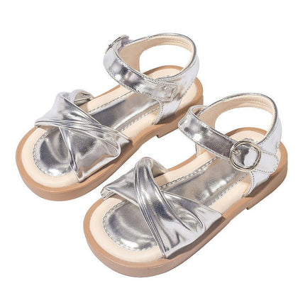 Girls Faux Leather Open Toe Summer Sandals Princess Flat Sandals