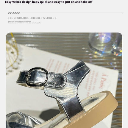 Girls Faux Leather Open Toe Summer Sandals Princess Flat Sandals