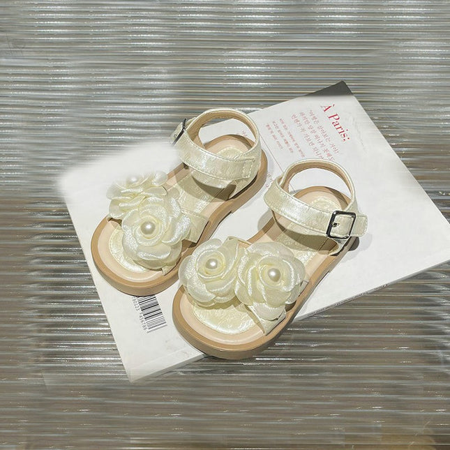 Girl Flower Sandals Sweet for Wedding Beach Pearl Soft Sole Faux Leather Sandals