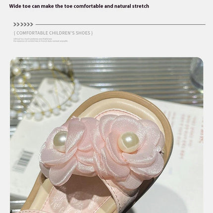 Girl Flower Sandals Sweet for Wedding Beach Pearl Soft Sole Faux Leather Sandals