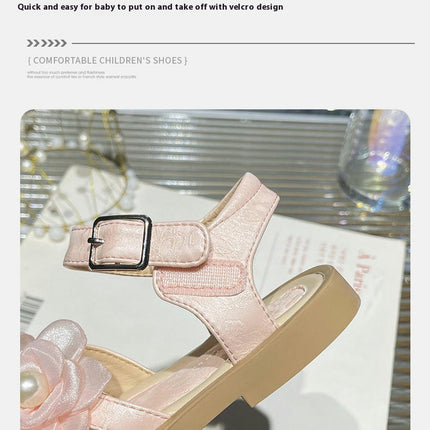 Girl Flower Sandals Sweet for Wedding Beach Pearl Soft Sole Faux Leather Sandals