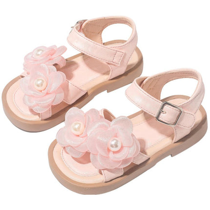 Girl Flower Sandals Sweet for Wedding Beach Pearl Soft Sole Faux Leather Sandals