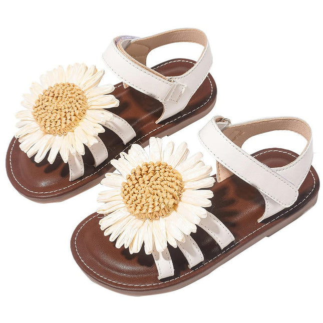 Little Girls Flower Open Toe Flat Faux Leather Sandals Summer Shoes
