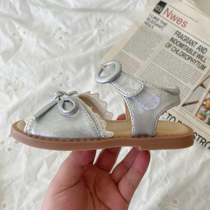 Little Girls Open Toe Flat Sandals Cute Bow Soft Sole Summer Faux Leather Sandals