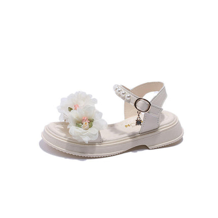 Little Girls Pearl Flower Decoration Sandals Open Toe Soft Bottom Faux Leather Sandals