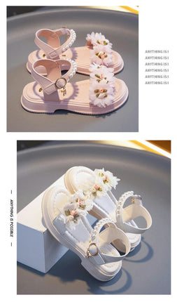 Little Girls Pearl Flower Decoration Sandals Open Toe Soft Bottom Faux Leather Sandals