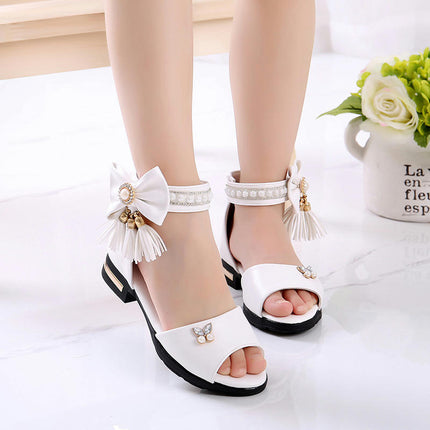 Sweet Girls Faux Leather Roman Sandals with Pearls Bow Tassel
