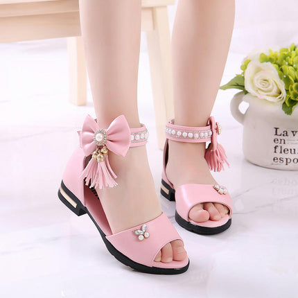 Sweet Girls Faux Leather Roman Sandals with Pearls Bow Tassel
