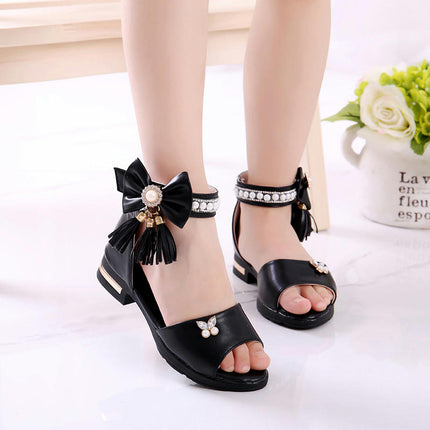 Sweet Girls Faux Leather Roman Sandals with Pearls Bow Tassel