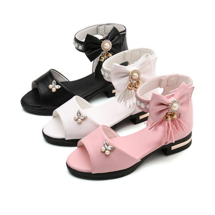 Sweet Girls Faux Leather Roman Sandals with Pearls Bow Tassel