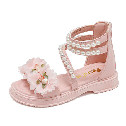 Little Girls Summer Flowers High Top Zipper Design Faux Leather Roman Sandals