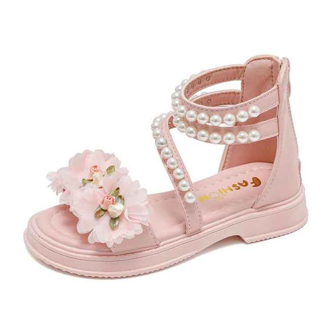 Little Girls Summer Flowers High Top Zipper Design Faux Leather Roman Sandals